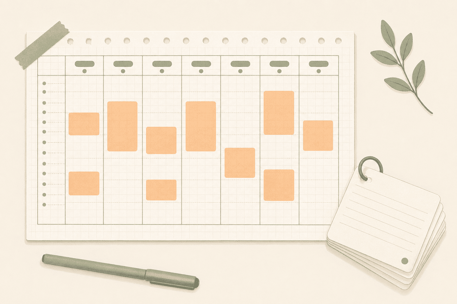 Flat illustration of a weekly study schedule with highlighted study blocks and a flashcard deck