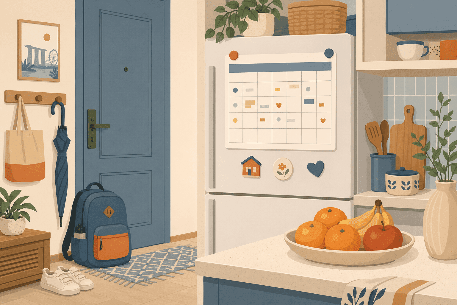 Illustration of a family weekly planner on a fridge with school bag and fruit — daily routine