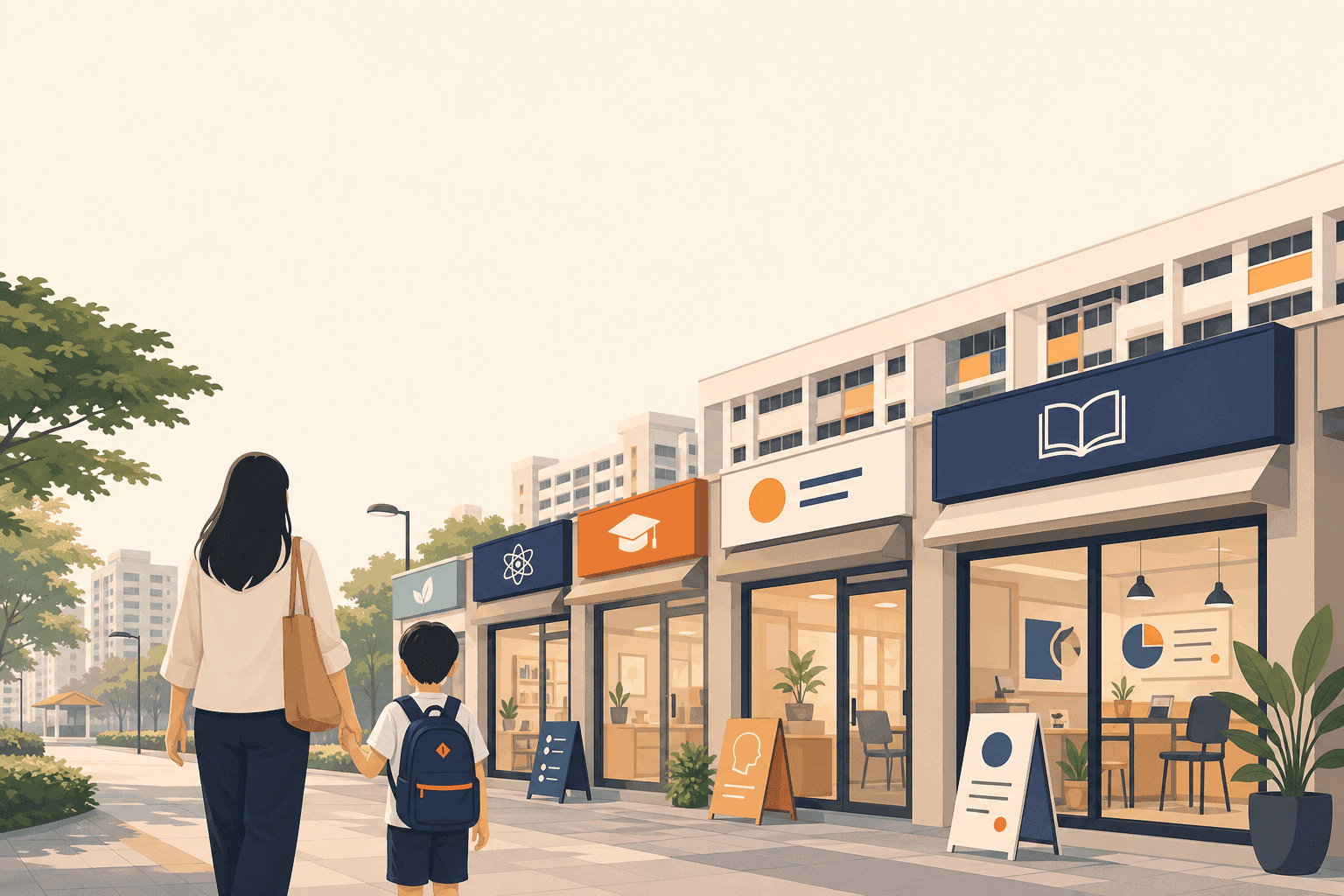 Illustrated Singapore HDB tuition centres at dusk with parent and child — choosing a tuition centre